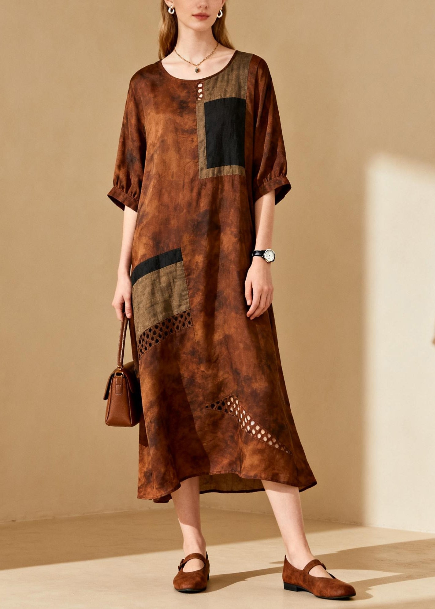 Brown Tie Dye Cotton Long Dress Hollow Out Summer