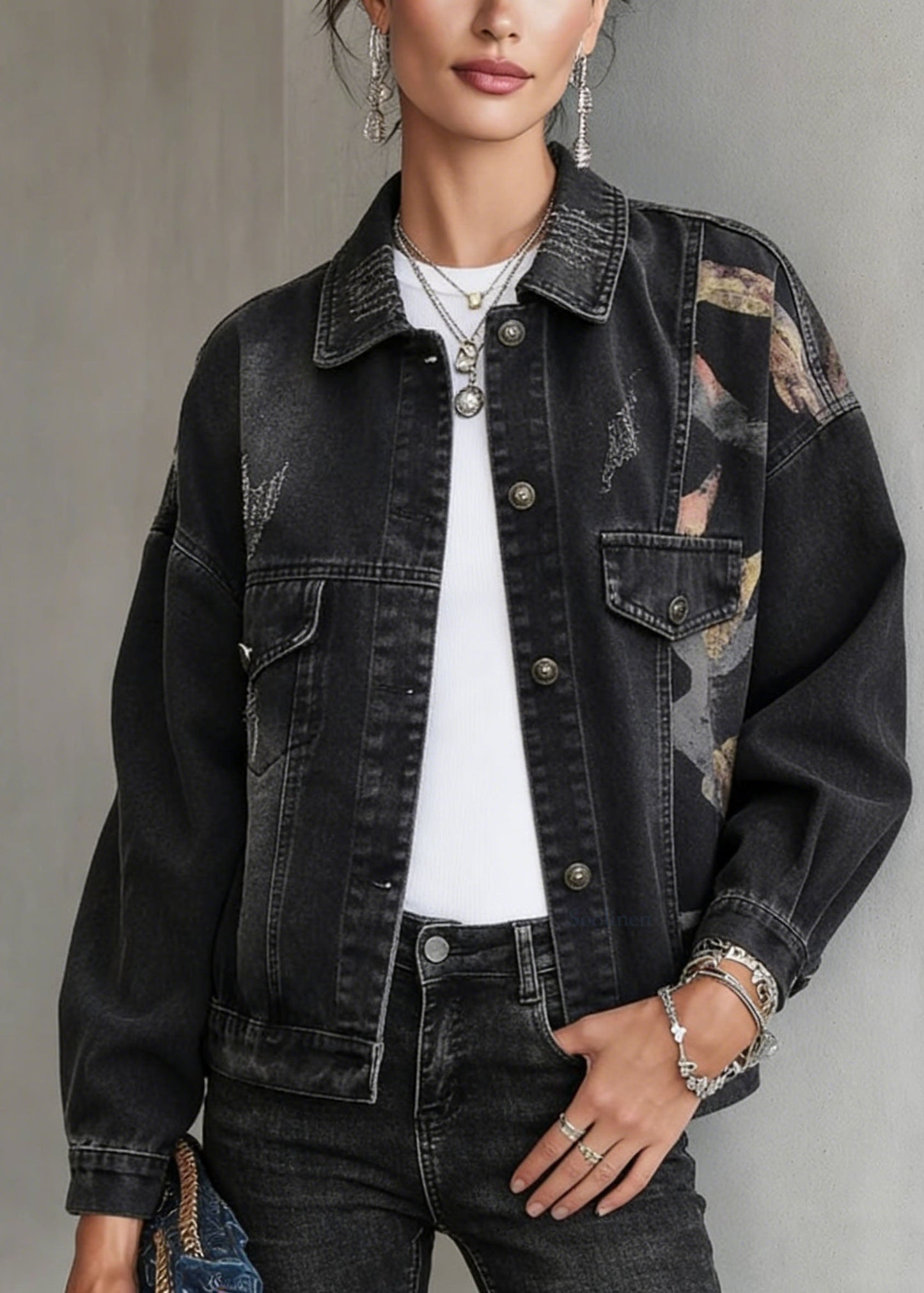 Casual Black Peter Pan Collar Pockets Print Denim Jackets Spring