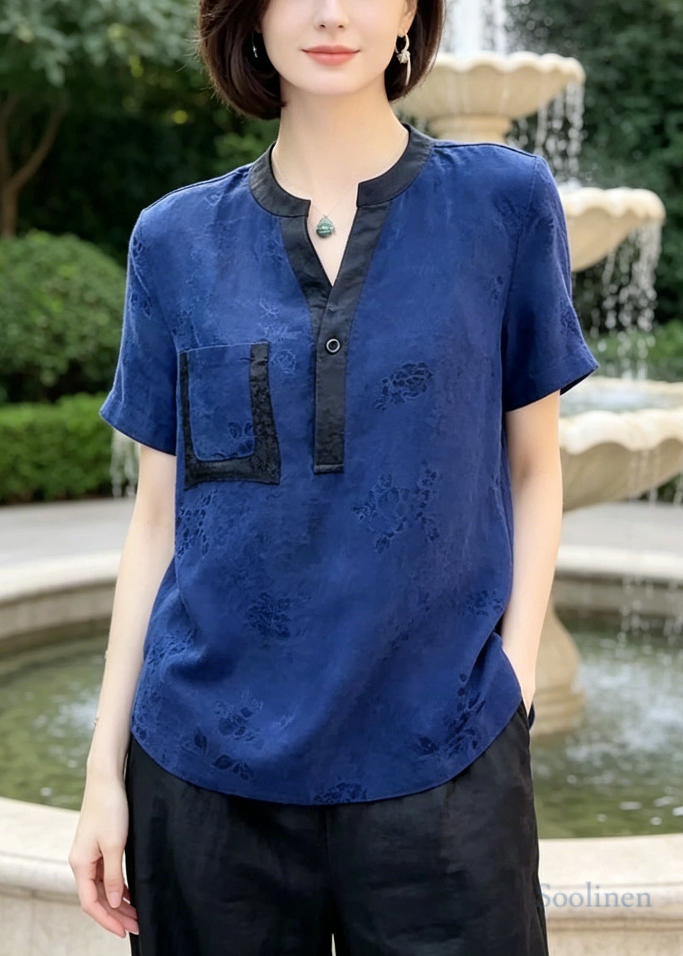Casual Blue Jacquard Patchwork Pocket Silk Blouses Summer