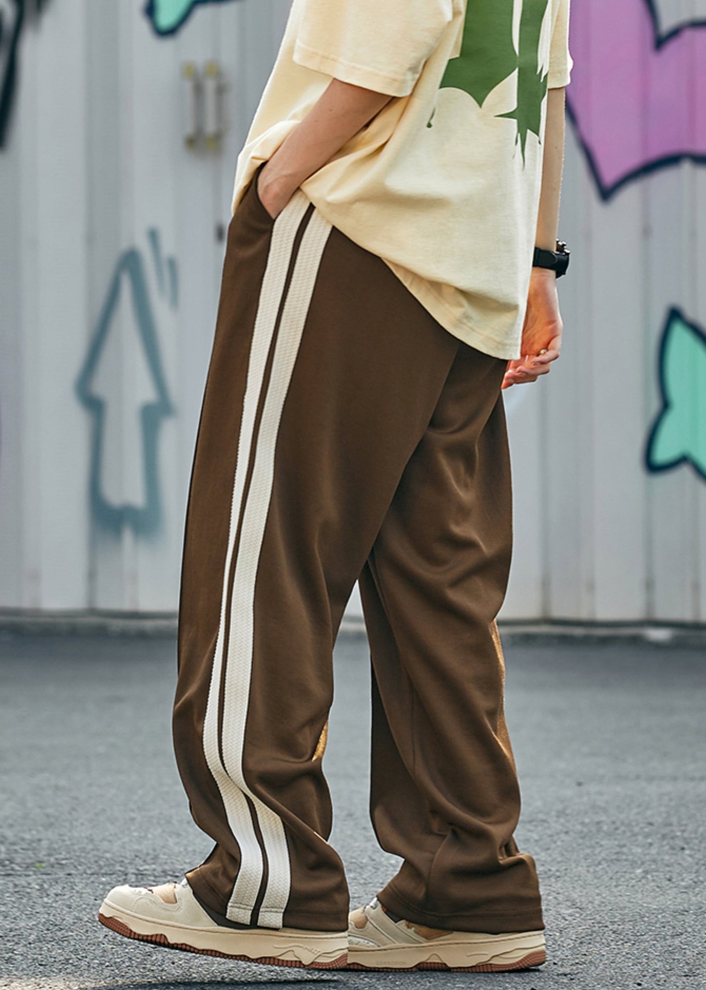 Casual Brown Pockets Striped Cotton Mens Pants Summer