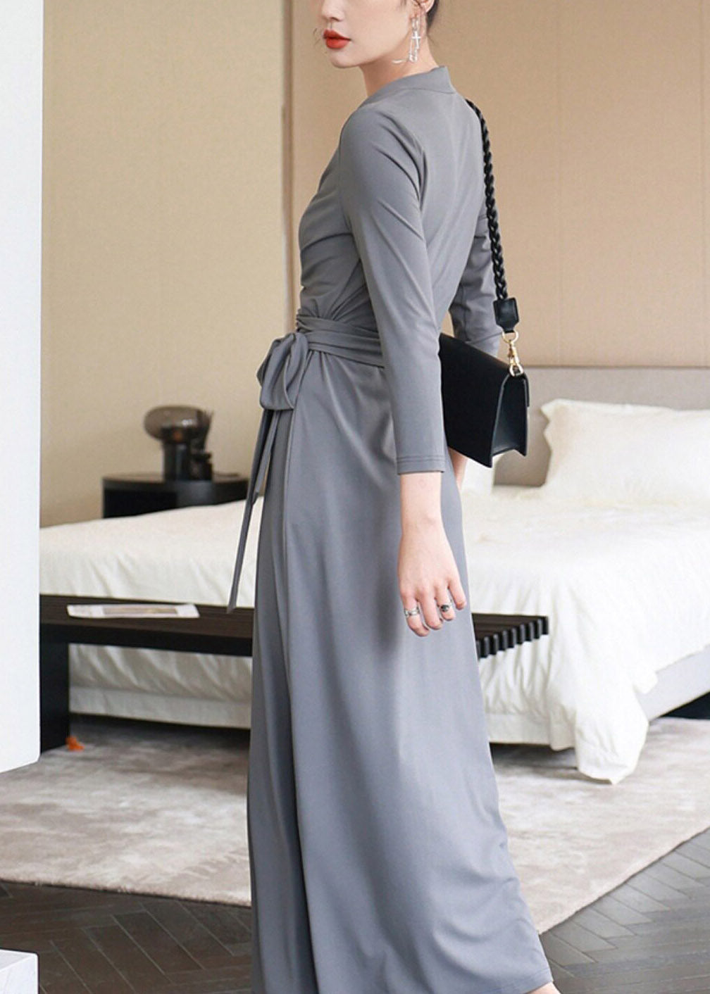 Casual Grey V Neck Solid Holiday Long Dress Three Quarter Sleeve