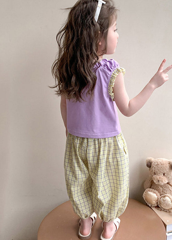 Casual Purple Patchwork Girls Top And Crop Pants Two Pieces Set Summer