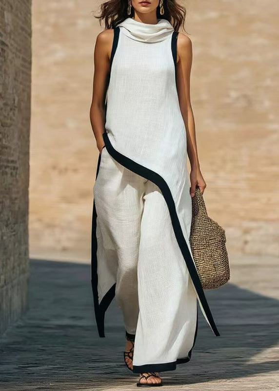 Casual White Hooded Asymmetrical Design Cotton Two Piece Set Outfits Summer