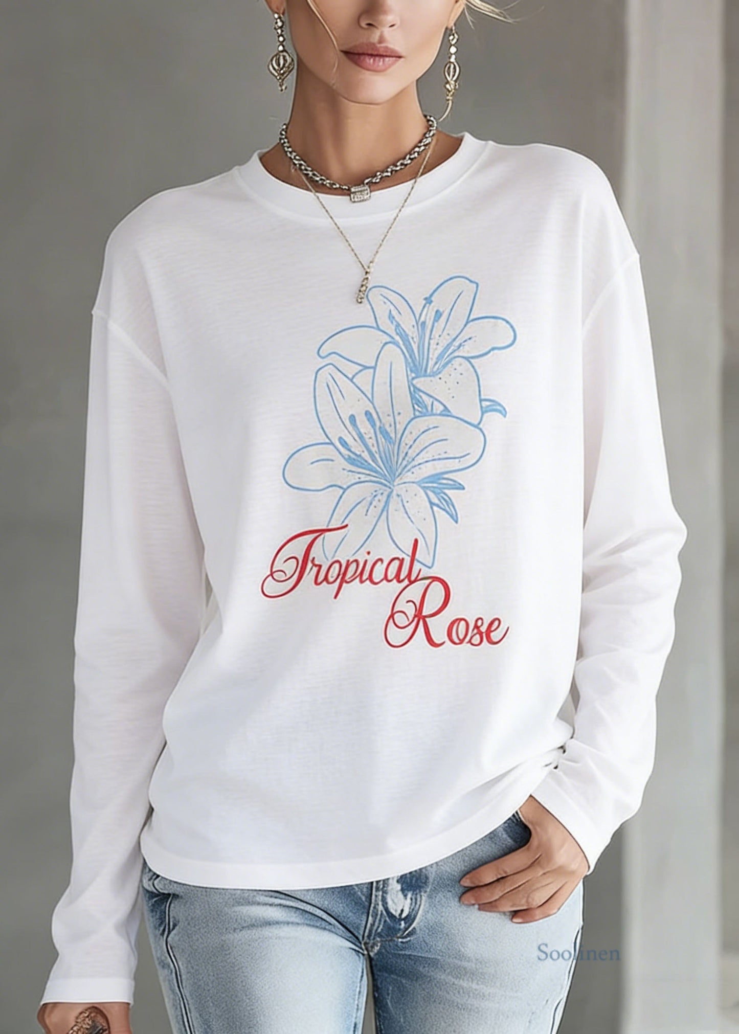 Casual White O Neck Print Cotton T Shirt Top Spring