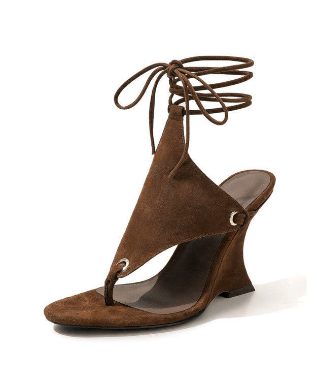 Chic Brown Lace Up Splicing Suede Flip Flops Wedge Sandals