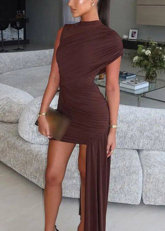 Chic Coffee Wrinkled Patchwork Maxi Dress Short Sleeve