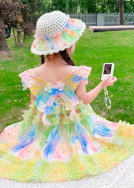 Chic Green Ruffled Print Tulle Kids Girls Long Dresses Summer