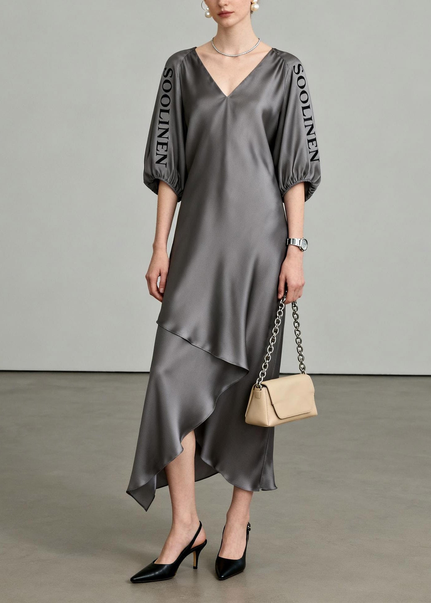 Chic Grey Asymmetrical Maxi Dresses V Neck LanterSleeve