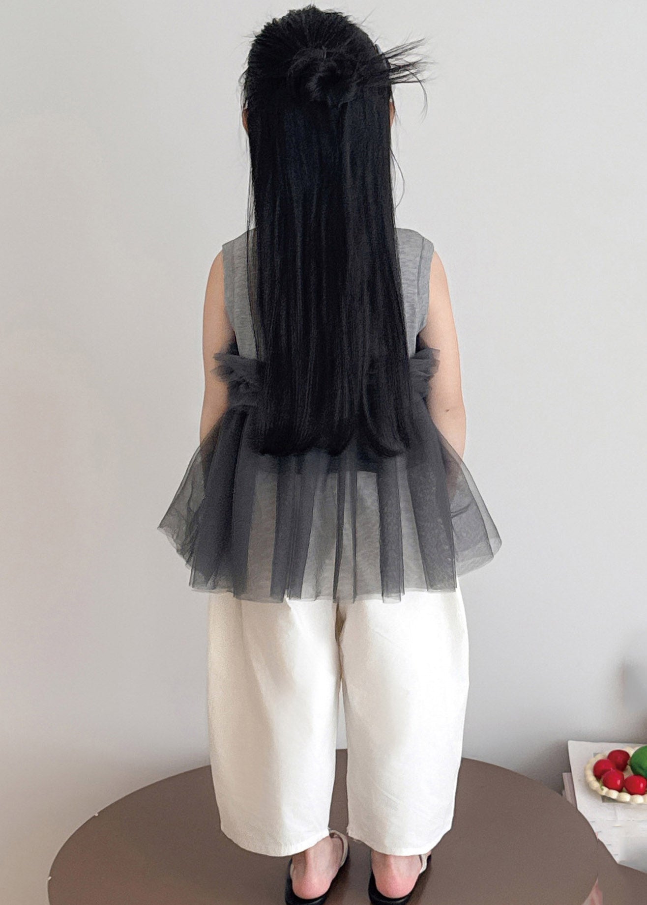Chic Grey Tulle Patchwork Kids Top And Wide Leg Pants Two Pieces Set Sleeveless