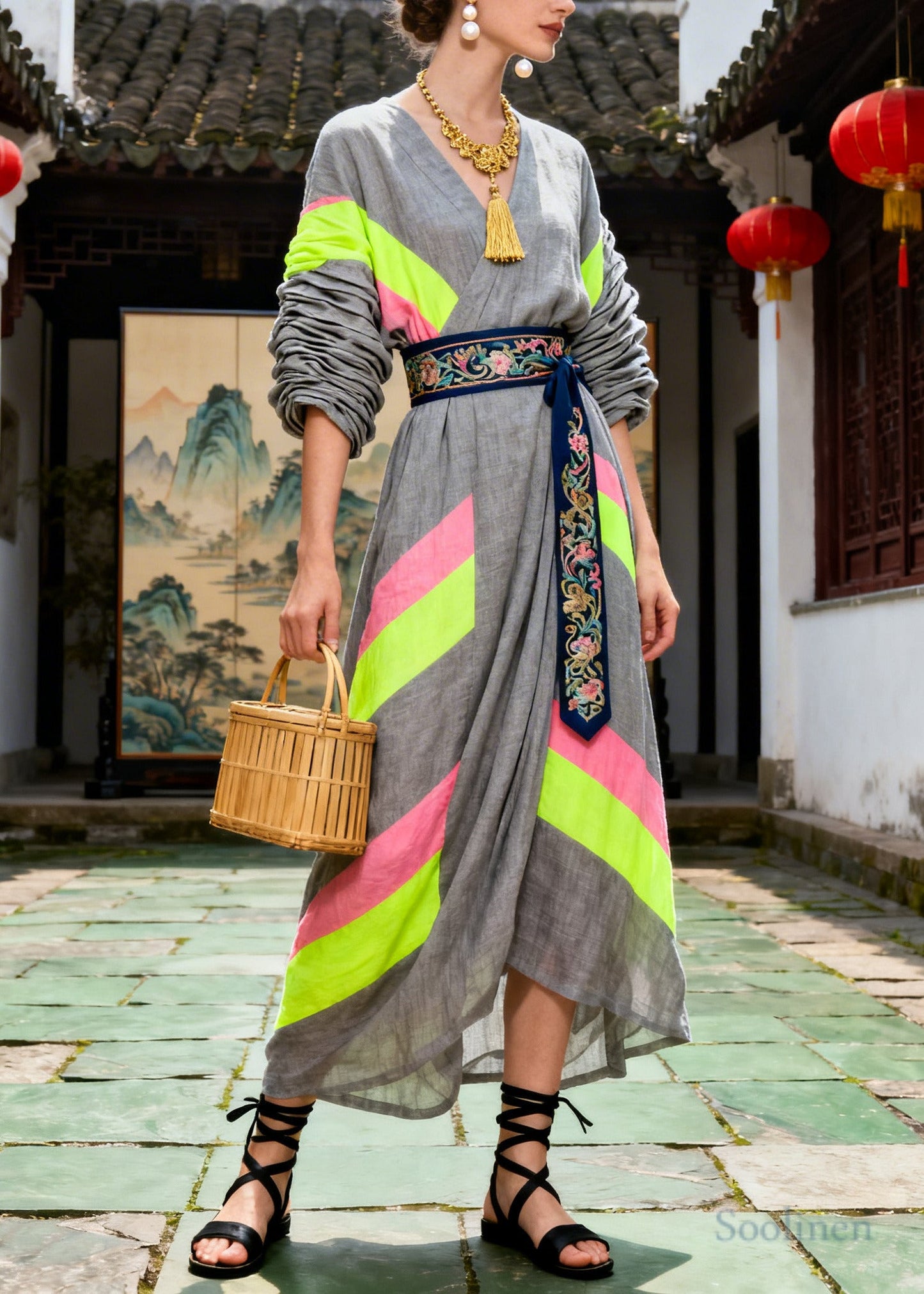 Chic Grey Tunic Patchwork Cotton Long Dresses Summer