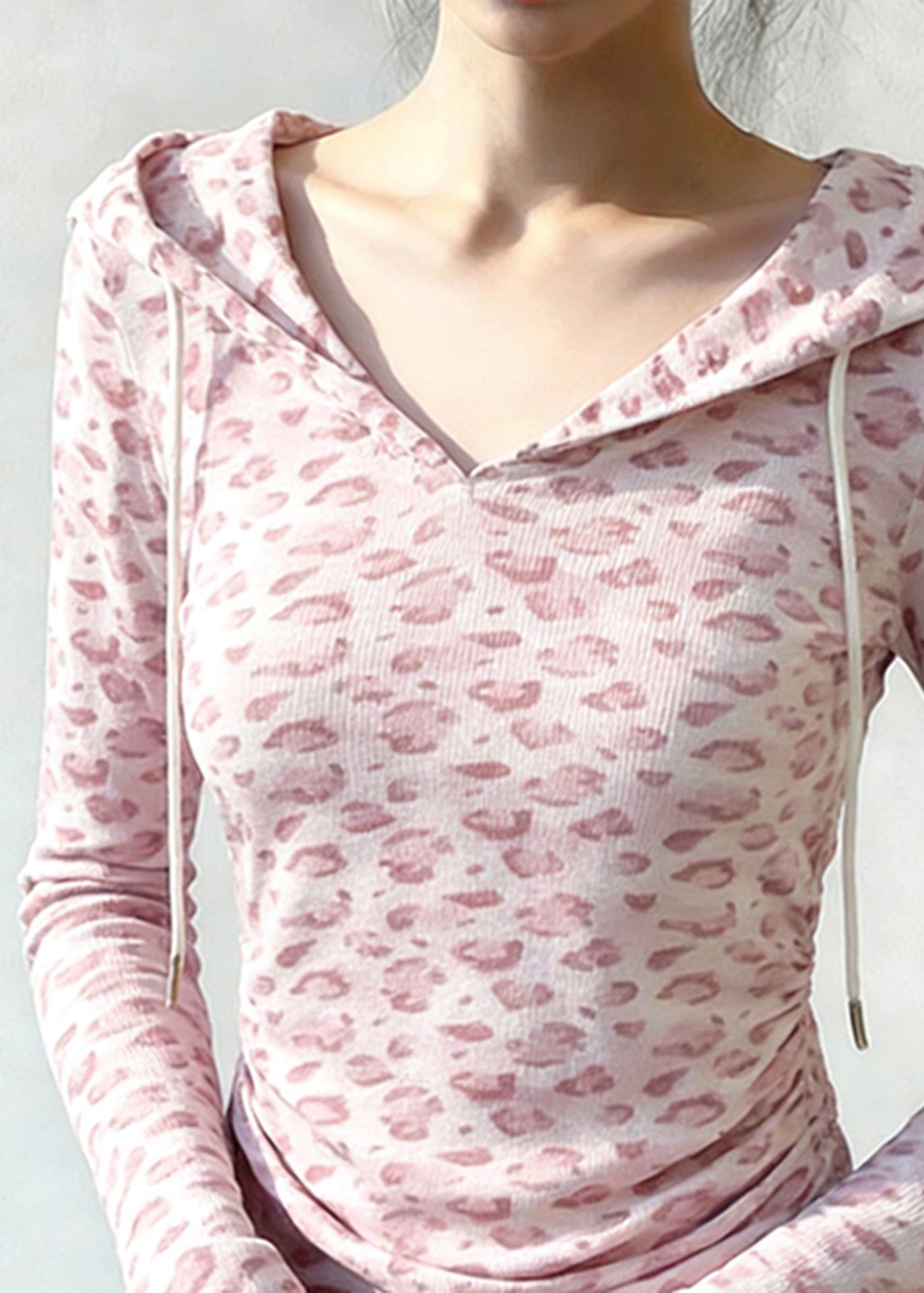 Chic Pink Hooded Leopard Print Cotton Sweatshirt Tops Spring