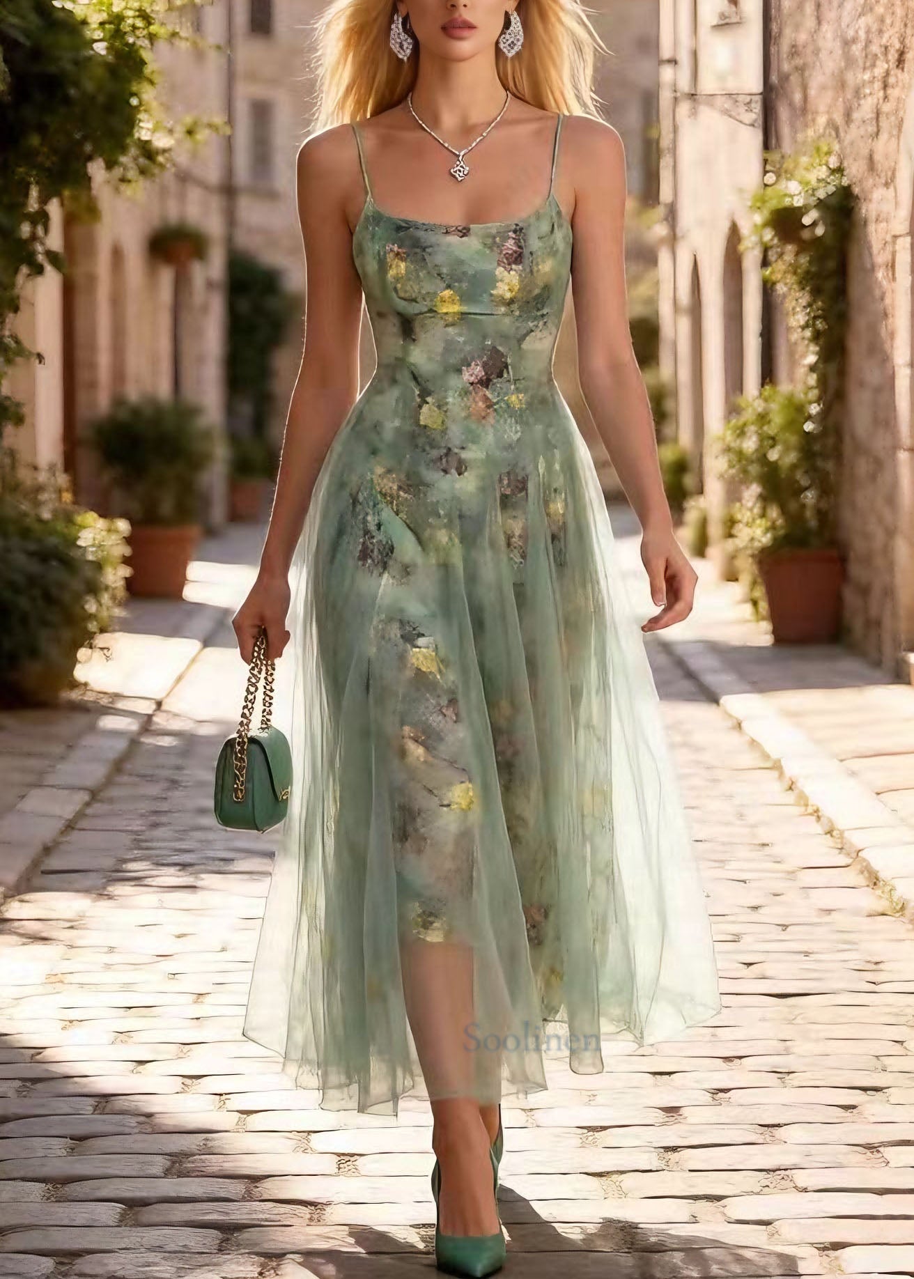 Chic Print Wrinkled Tulle Spaghetti Strap Dress Summer