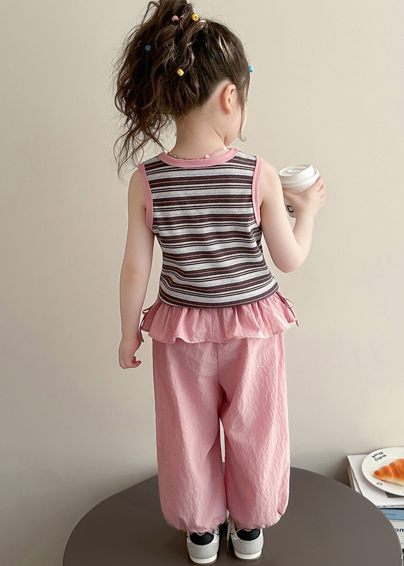 Chic Rose Ruffled Patchwork Striped Cotton Baby Girls Two Pieces Set Summer
