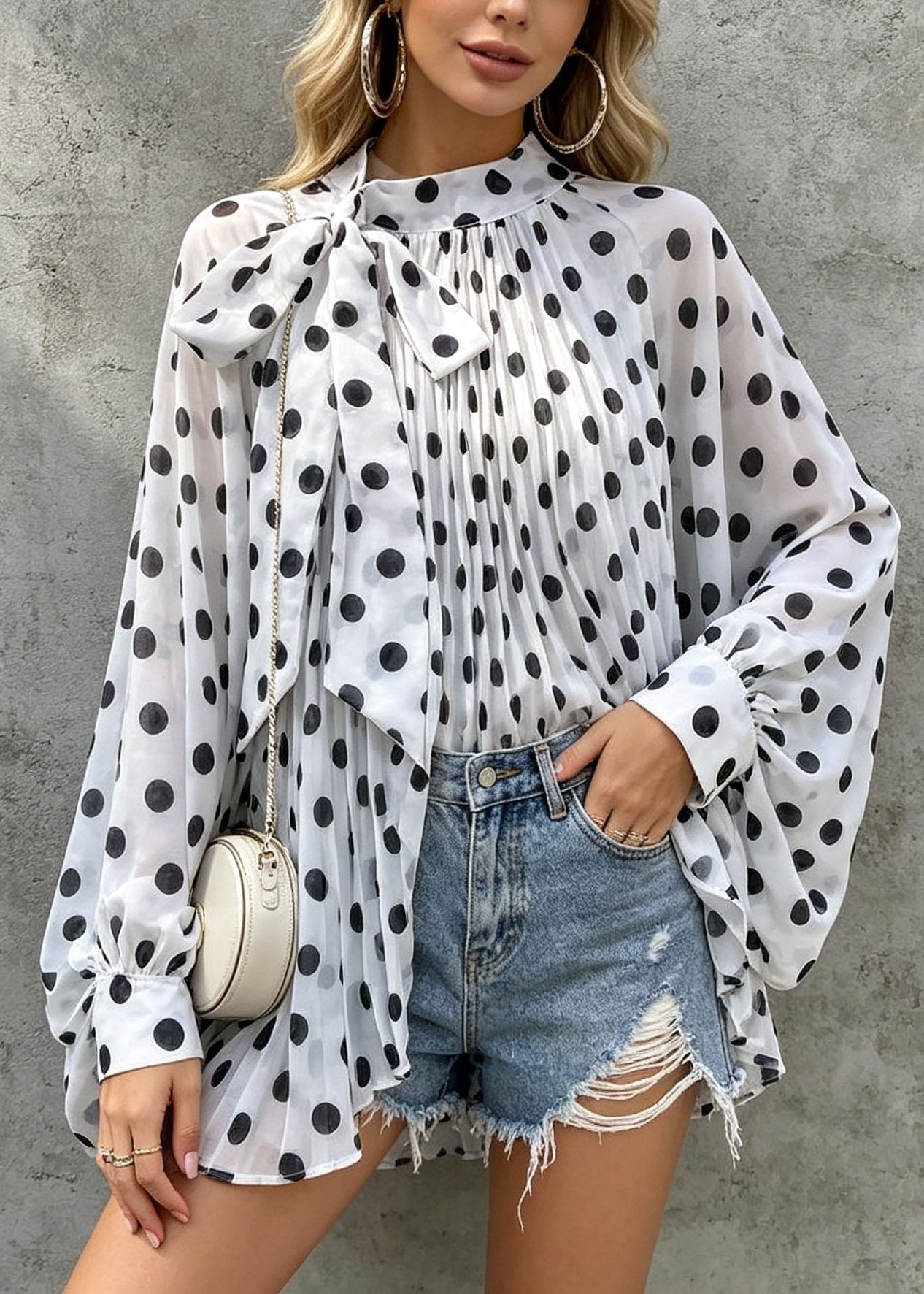 Chic White Dot Print Bow Chiffon Tops Batwing Sleeve