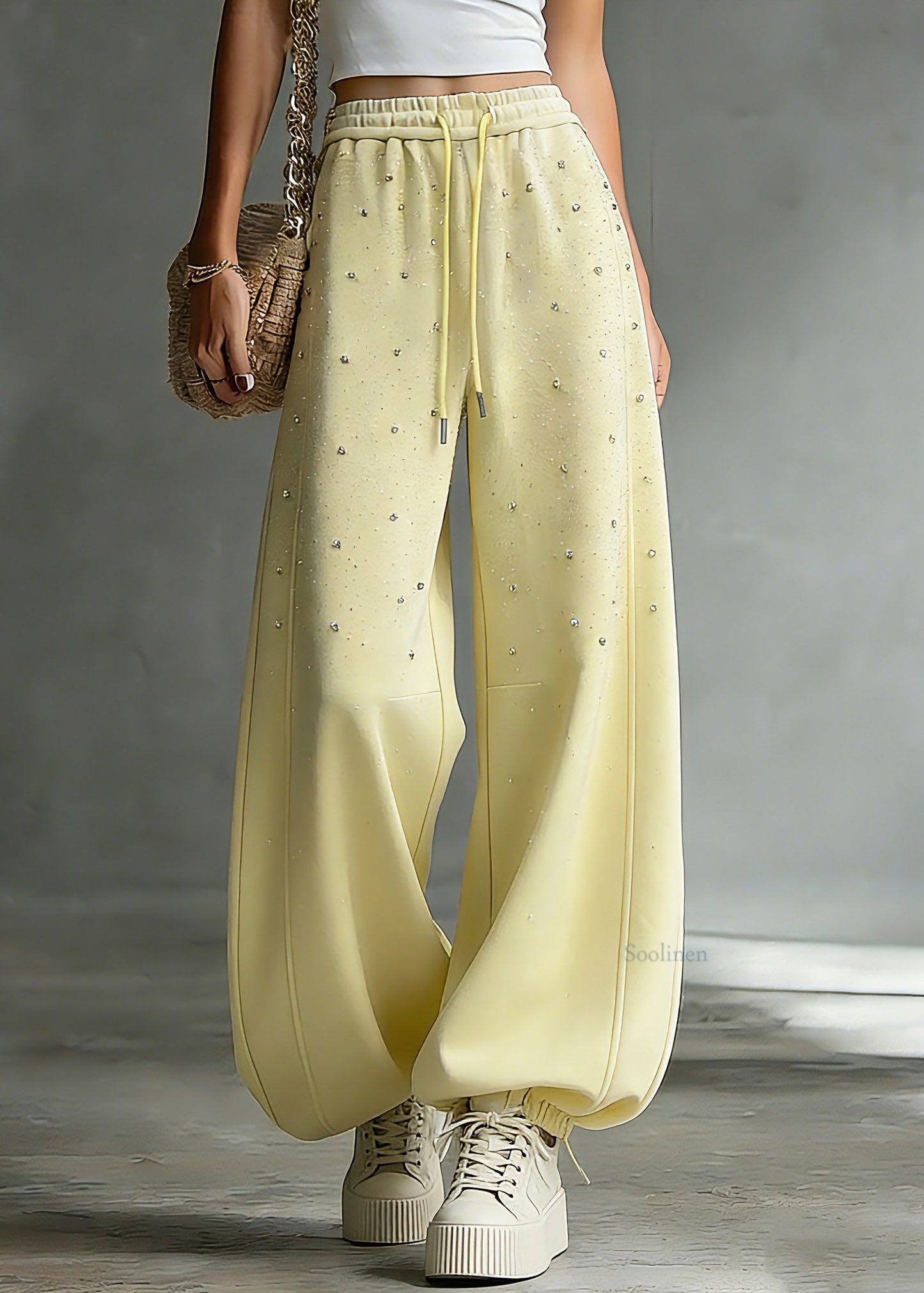 Chic Yellow Drawstring Pockets Patchwork Rivet Lantern Pants Spring