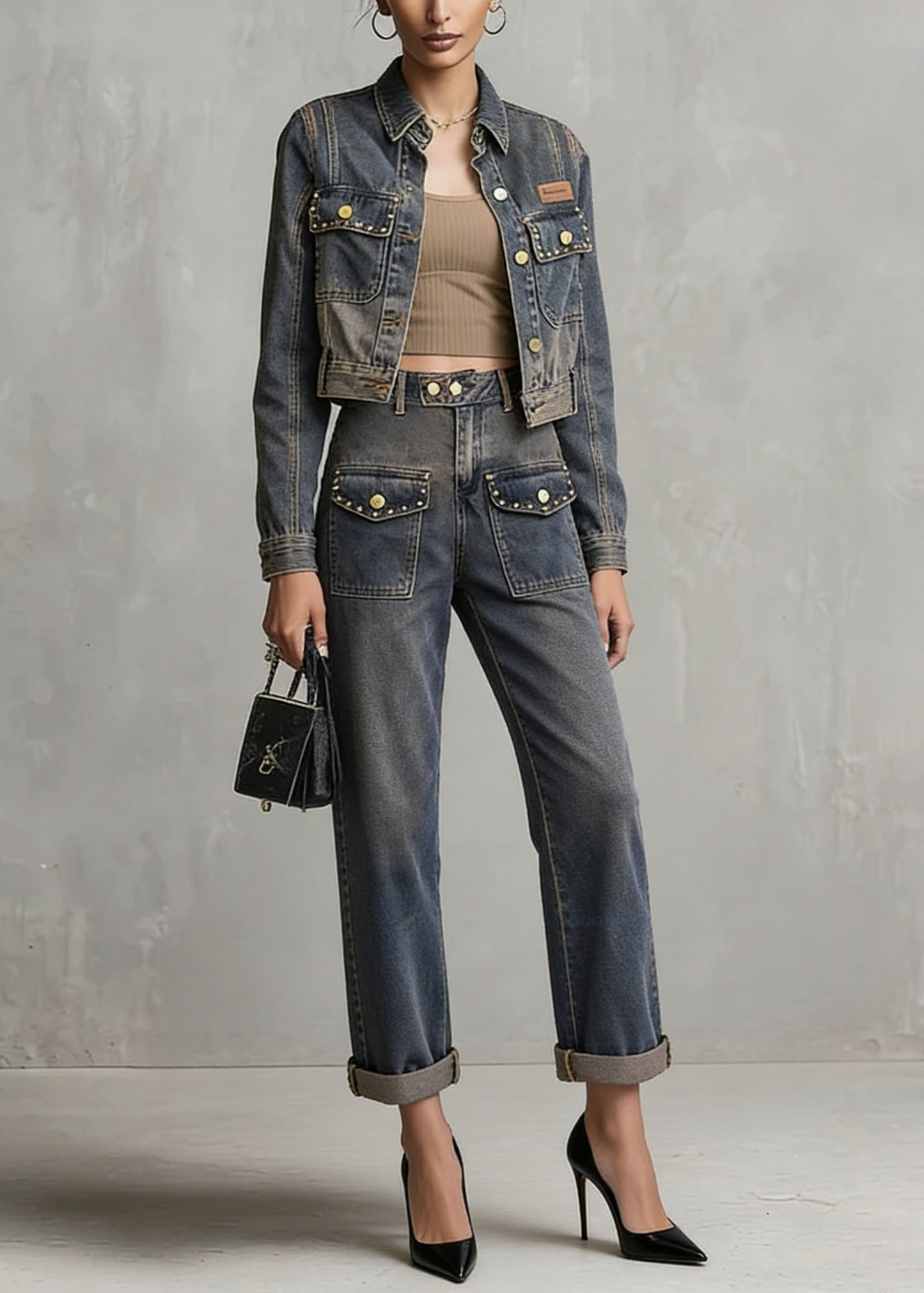 Chic Blue Rivet Pockets Denim Two Piece Set Women Clothing Spring