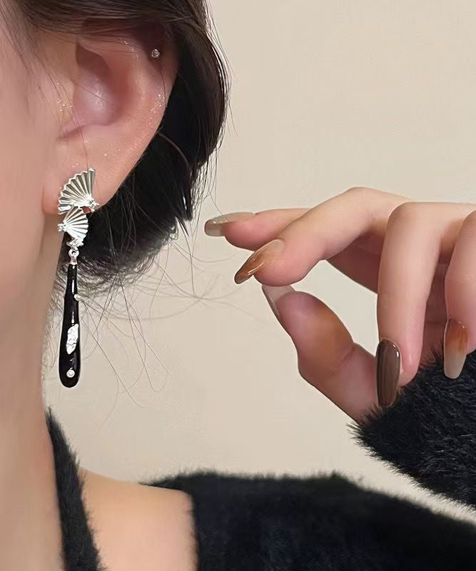 Chinese Style Black Copper Dripping Glaze Sector Drop Earrings