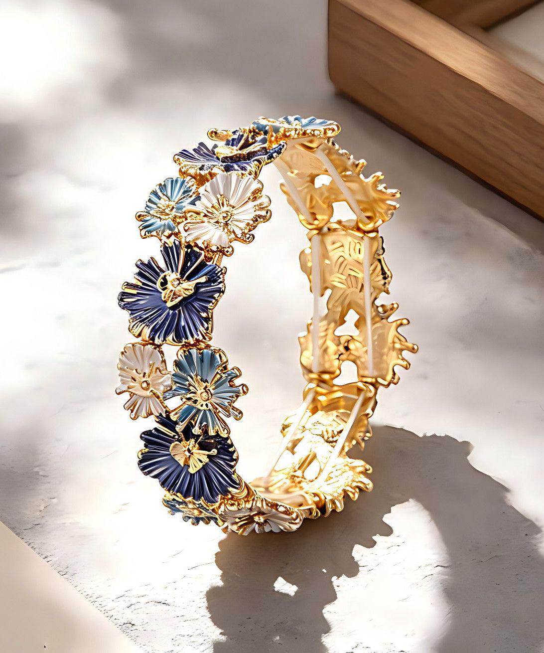 Chinese Style Blue Alloy Hollow Out Floral Bangle