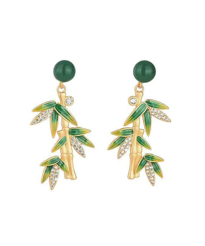 Chinese Style Green Sterling Silver Overgild Chalcedony Bamboo Leaves Drop Earrings