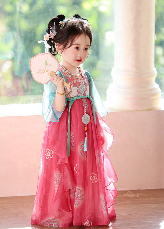 Chinese Style Red Tie Waist Patchwork Girls Long Dresses Summer