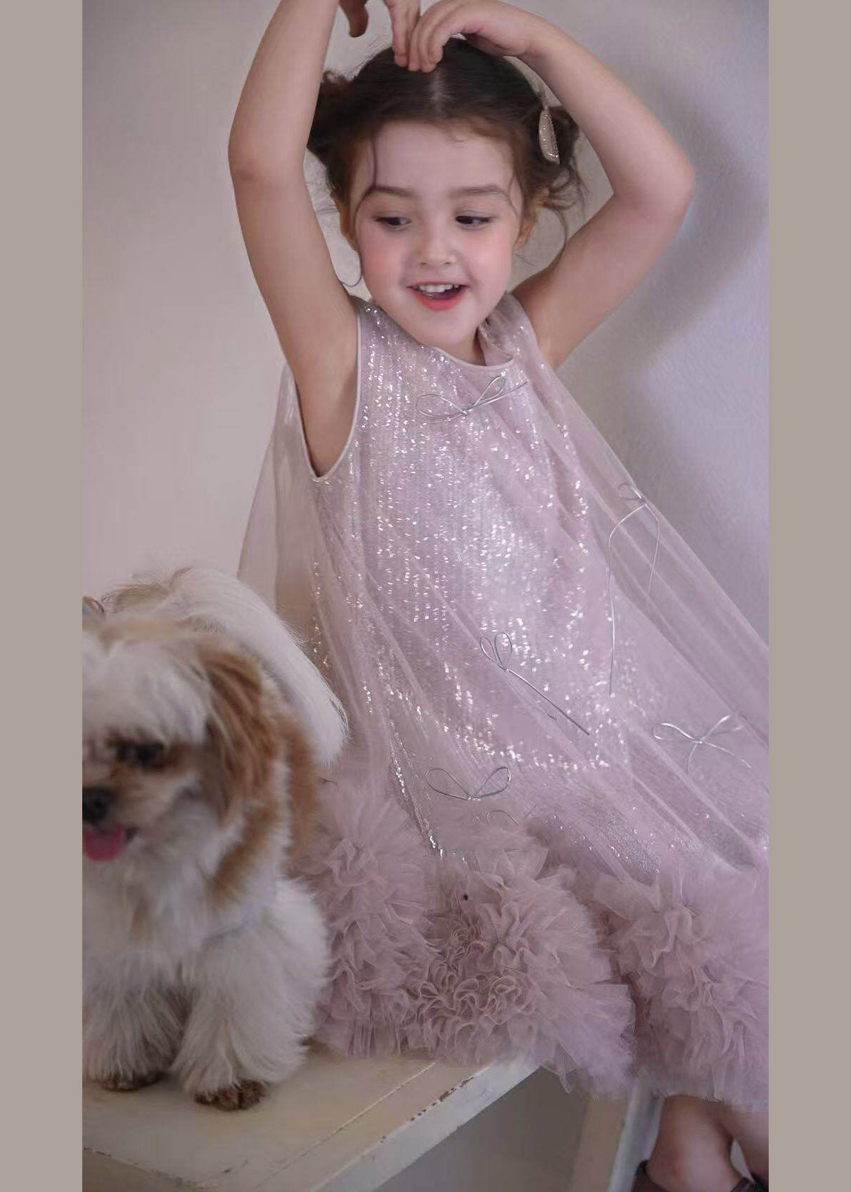 Classy Beige O-Neck Patchwork Tulle Kids Maxi Dress Sleeveless