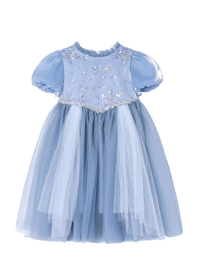 Classy Blue Stand Collar Patchwork Tulle Kids Long Dresses Short Sleeve