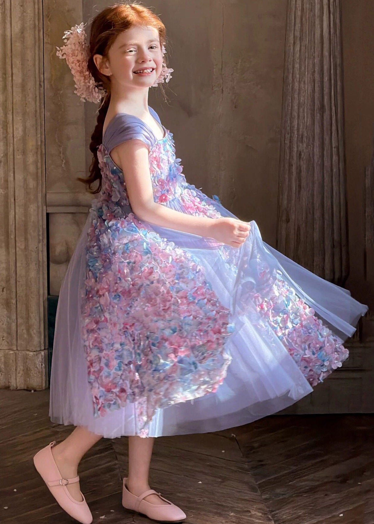 Classy Purple Floral Ribbon Tulle Kids Long Dresses Sleeveless
