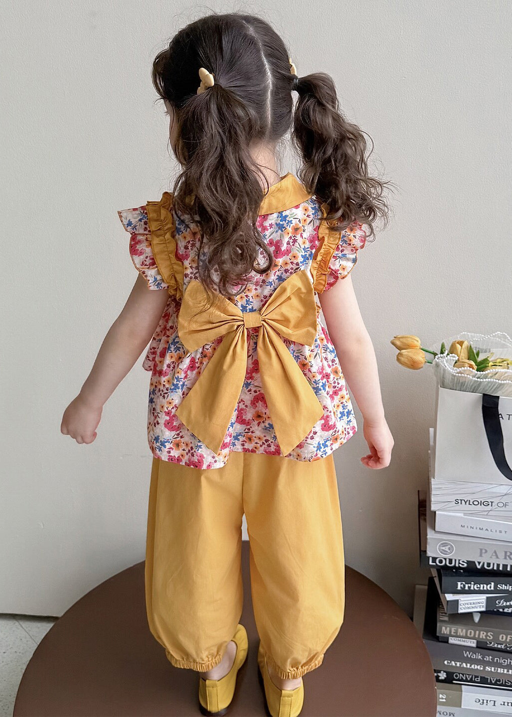 Cool Rose Ruffled Print Cotton Baby Girls Two Pieces Set Summer