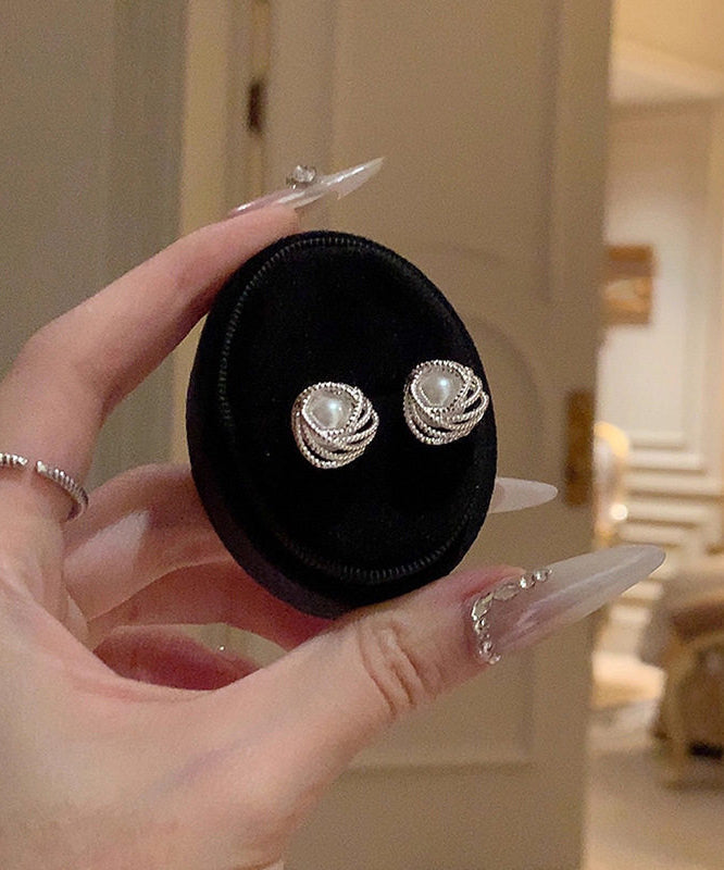 Cute Beige Sterling Silver Overgild Entangle Pearl Stud Earrings