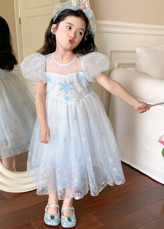 Cute Blue Embroideried Tulle Kids Girls Maxi Dresses Puff Sleeve