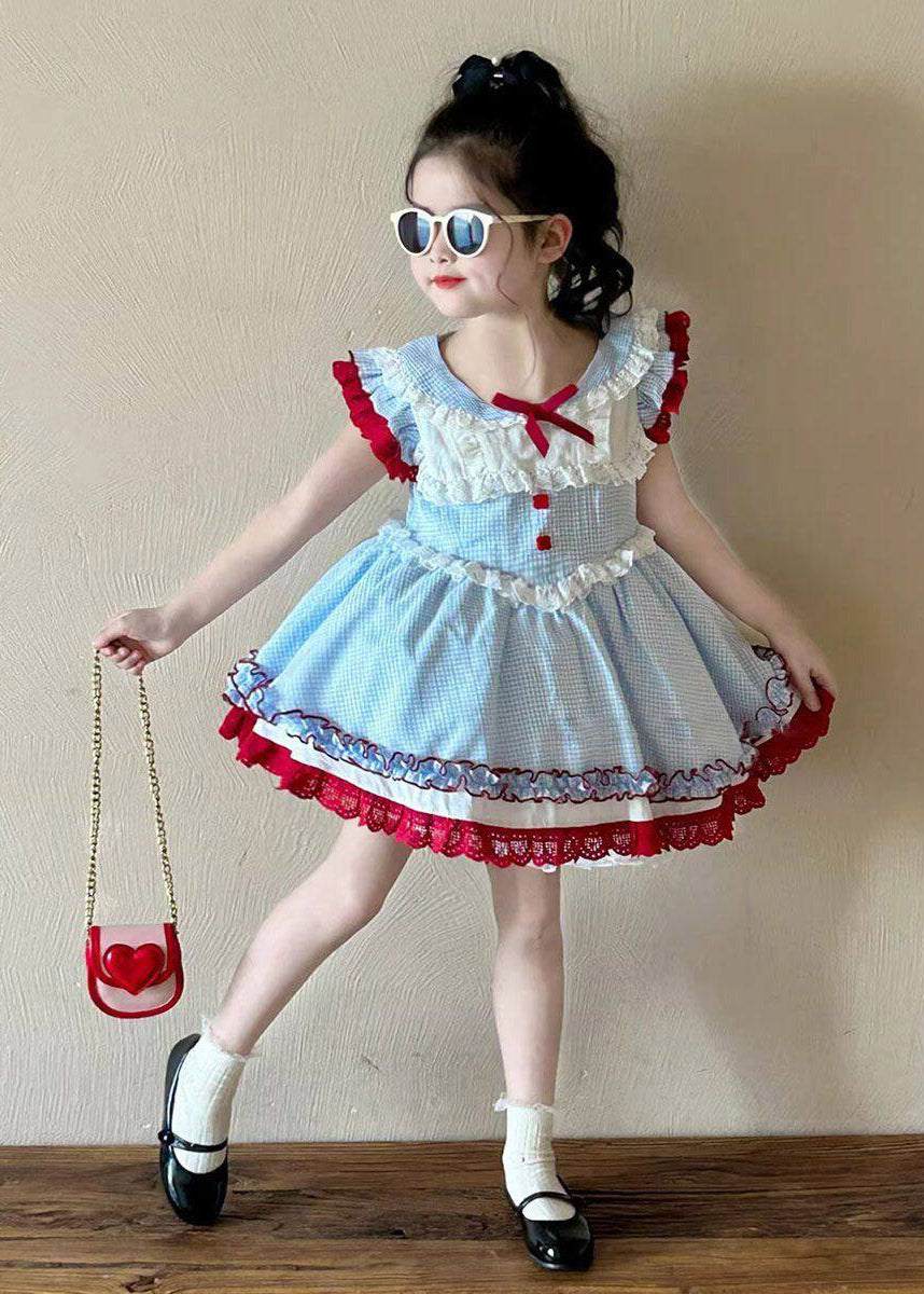 Cute Blue Peter Pan Collar Ruffled Patchwork Kids Vacation Long Dresses Summer