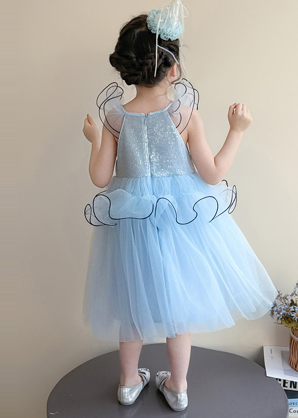 Cute Blue Sequins Tulle Kids Girls Dresses Butterfly Sleeve