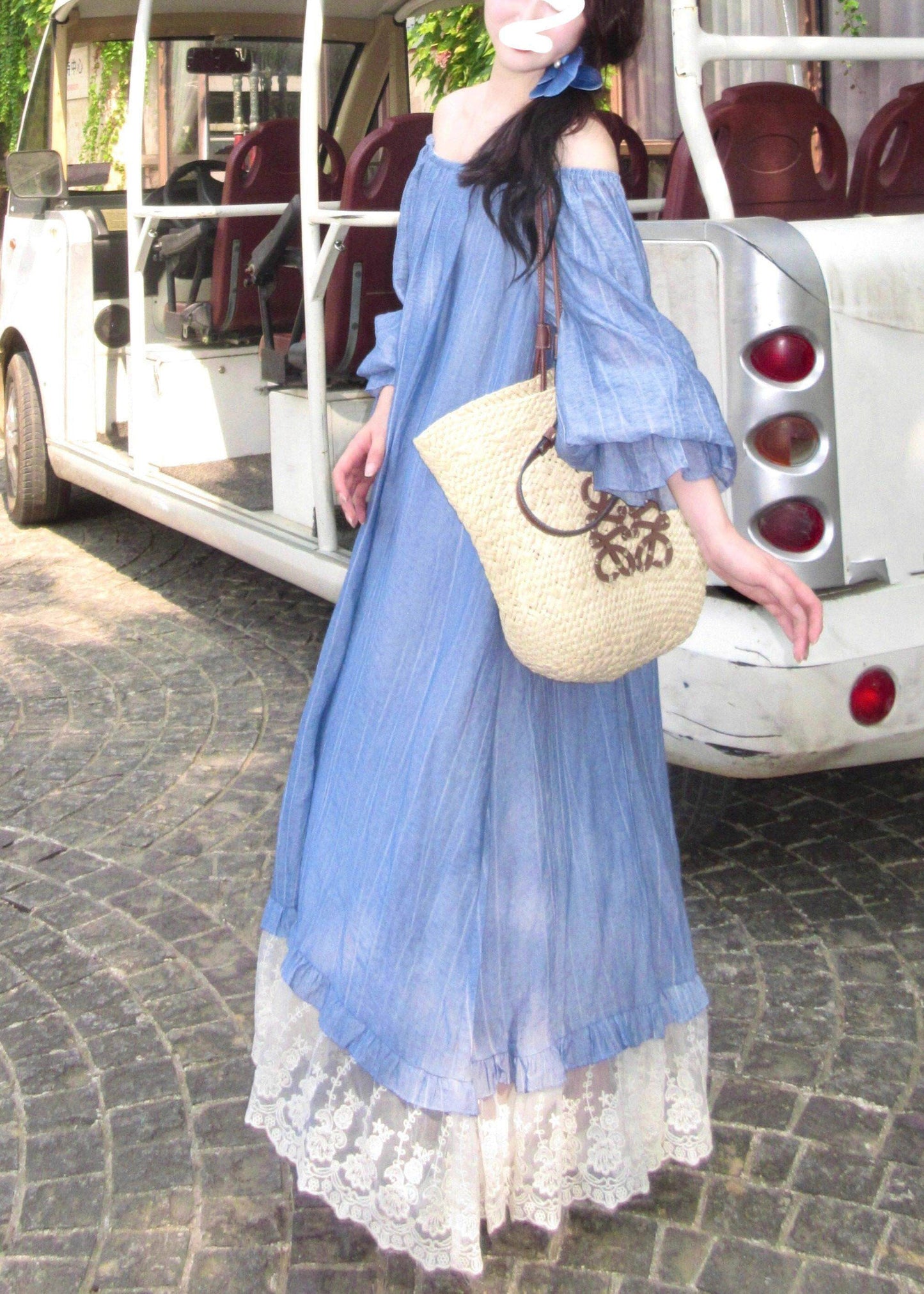 Cute Blue Slash Neck Patchwork Long Dress Fall