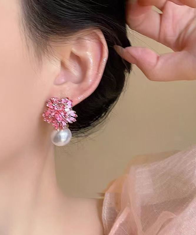 Cute Pink Copper Zircon Pearl Drop Earrings