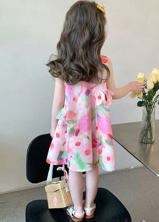 Cute Pink Ruffled Asymmetrical Print Girls Maxi Dresses Sleeveless