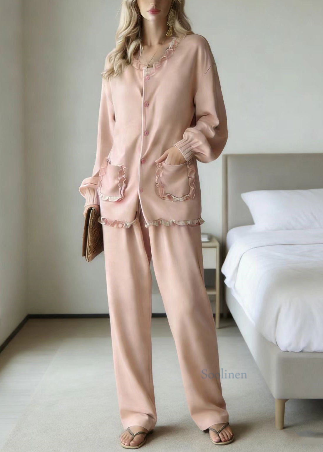 Cute Pink Ruffled Patchwork Pajamas Two Piece Set Long Sleeve