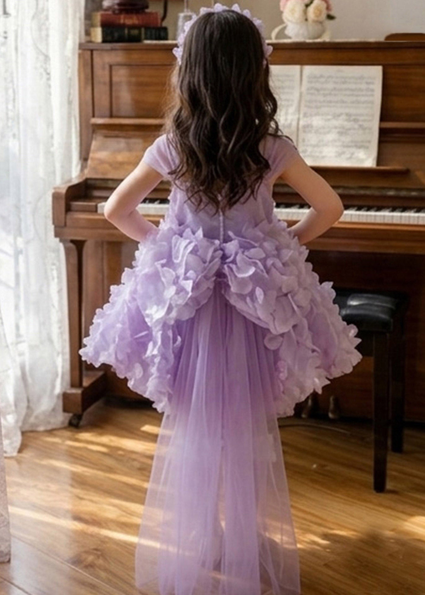 Cute Purple Nail Bead Tulle Girls Long Dress Summer