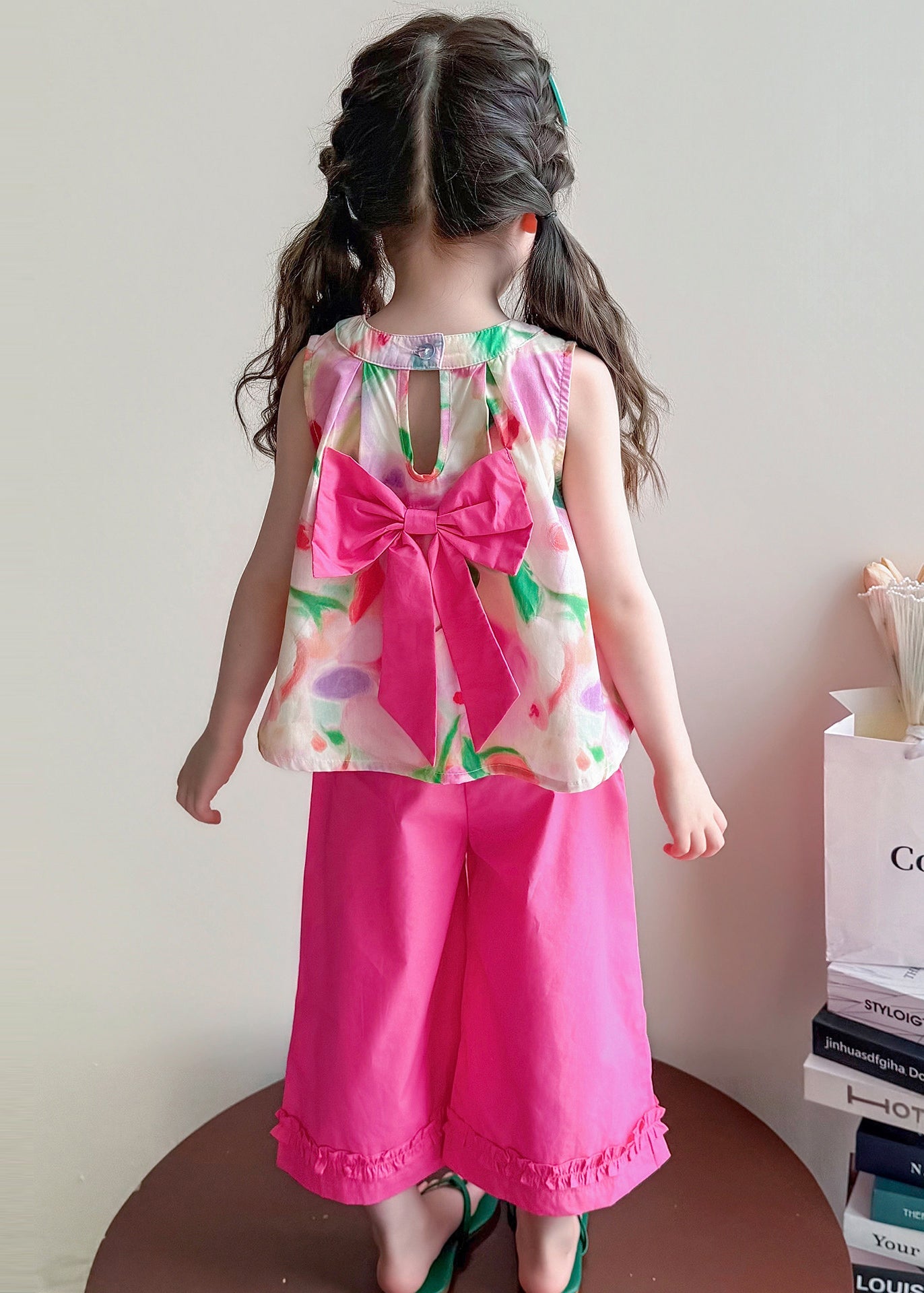 Cute Rose Print Back Bow Cotton Baby Girls Two Pieces Set Summer