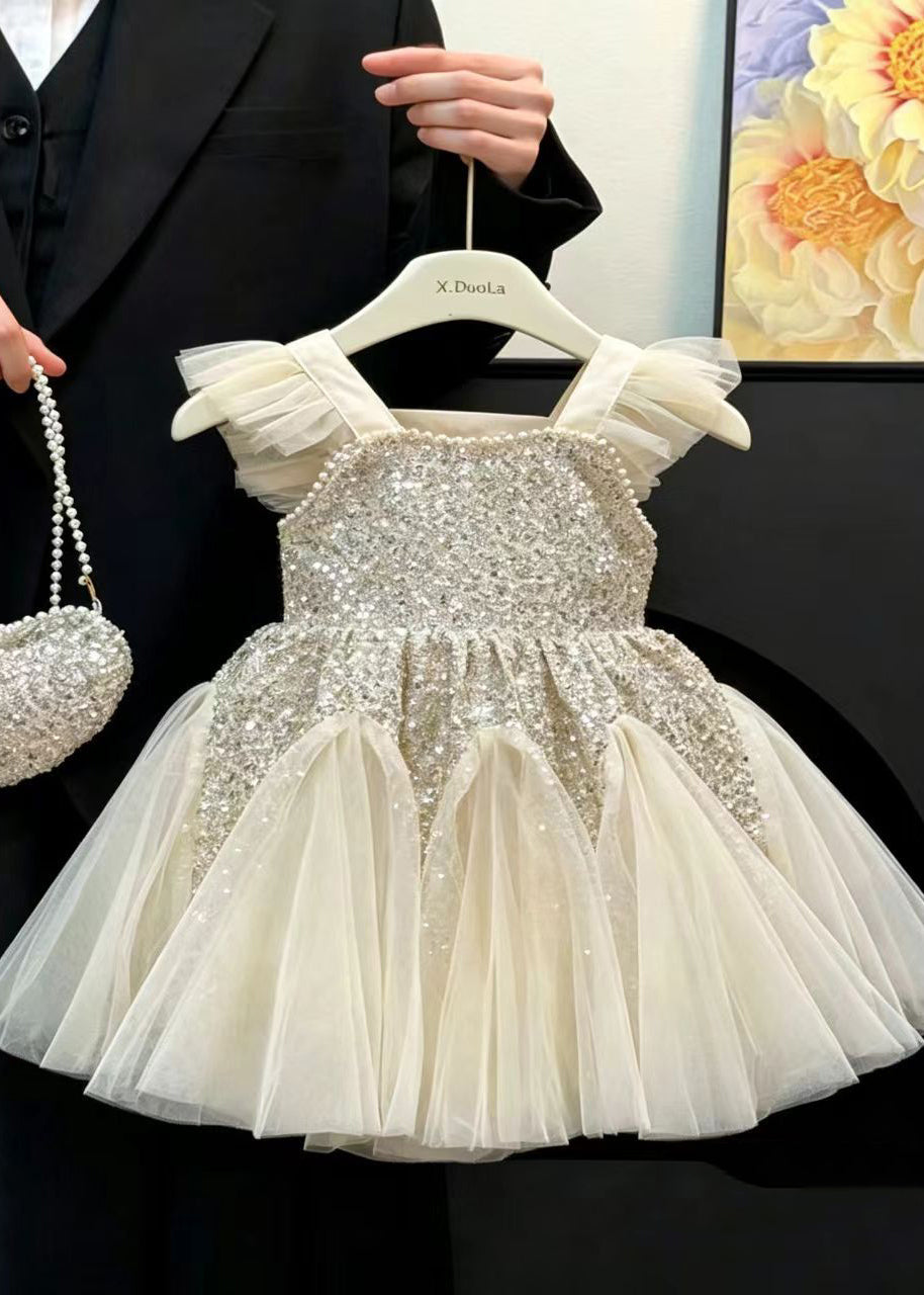 Cute White Sequins Patchwork Tulle Kids Girls Dress Summer