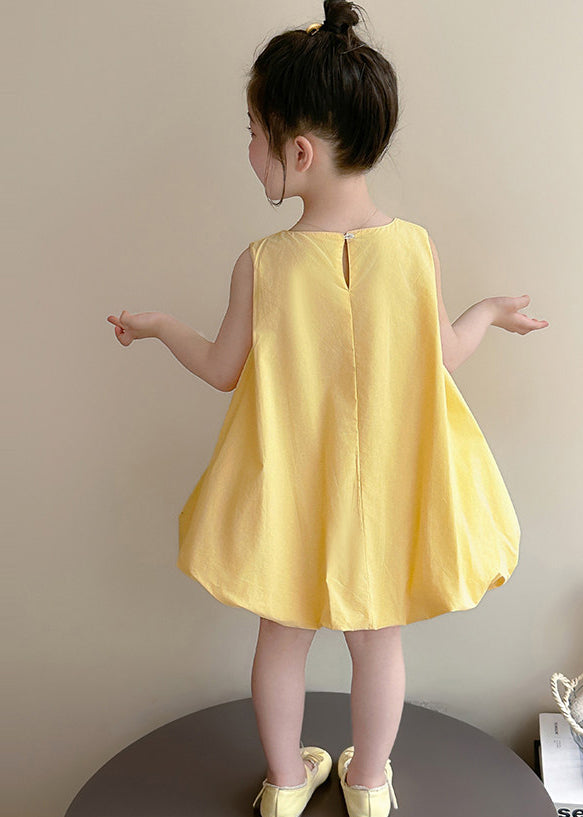 Cute Yellow Cat Embroideried Cotton Baby Girls Dress Summer