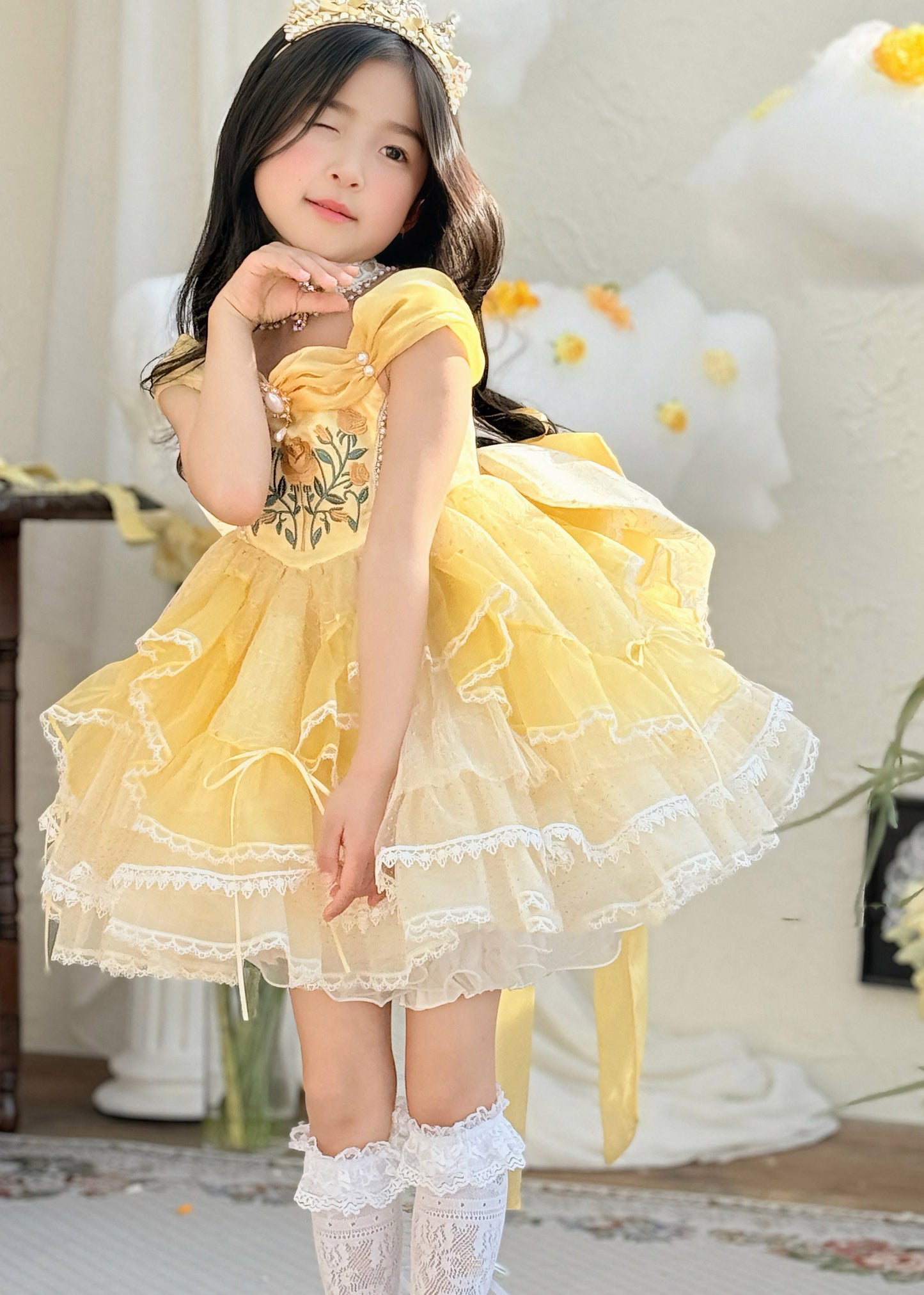 Cute Yellow Print Nail Bead Tulle Kids Maxi Dresses Summer