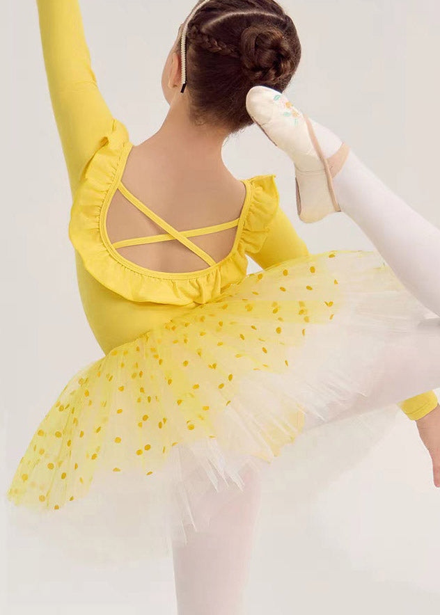 Cute Yellow Ruffled Patchwork Girls Dance Costume Two Pieces Set Spring