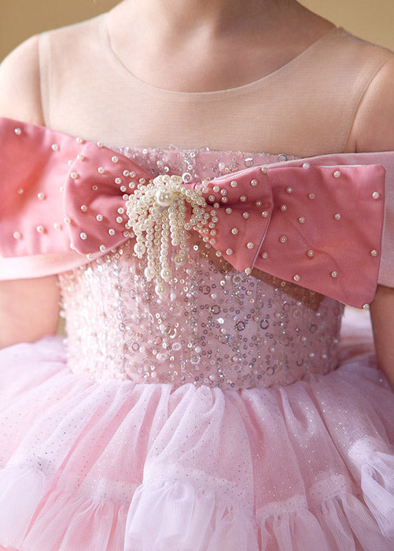 Dinner Pink Patchwork Bow Tulle Girls Maxi Cake Dresses Short Sleeve