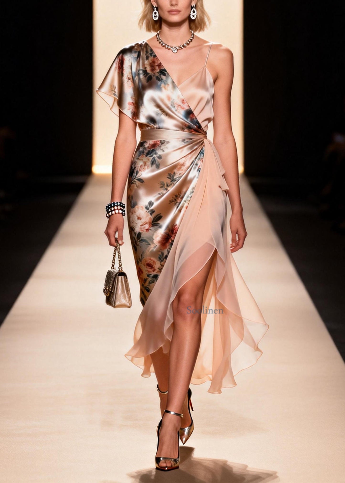 Elegant Asymmetrical Design Print Patchwork Silk Dress Summer