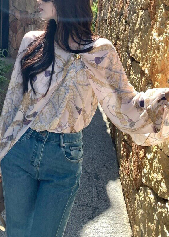 Elegant Beige Asymmetrical Print Chiffon Shirt Spring