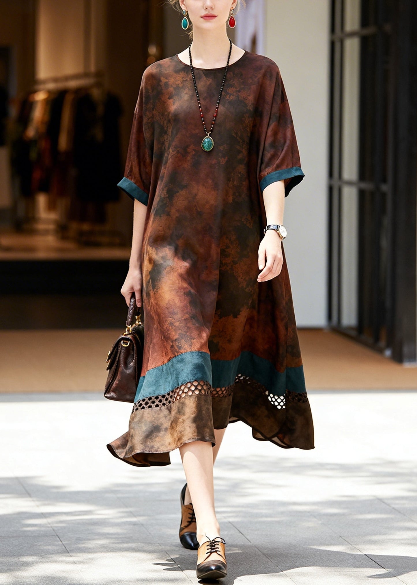 Elegant Brown Hollow Out Patchwork Cotton Long Dress Summer