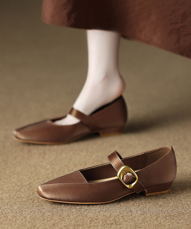 Elegant Buckle Strap Splicing Flats Brown Faux Leather