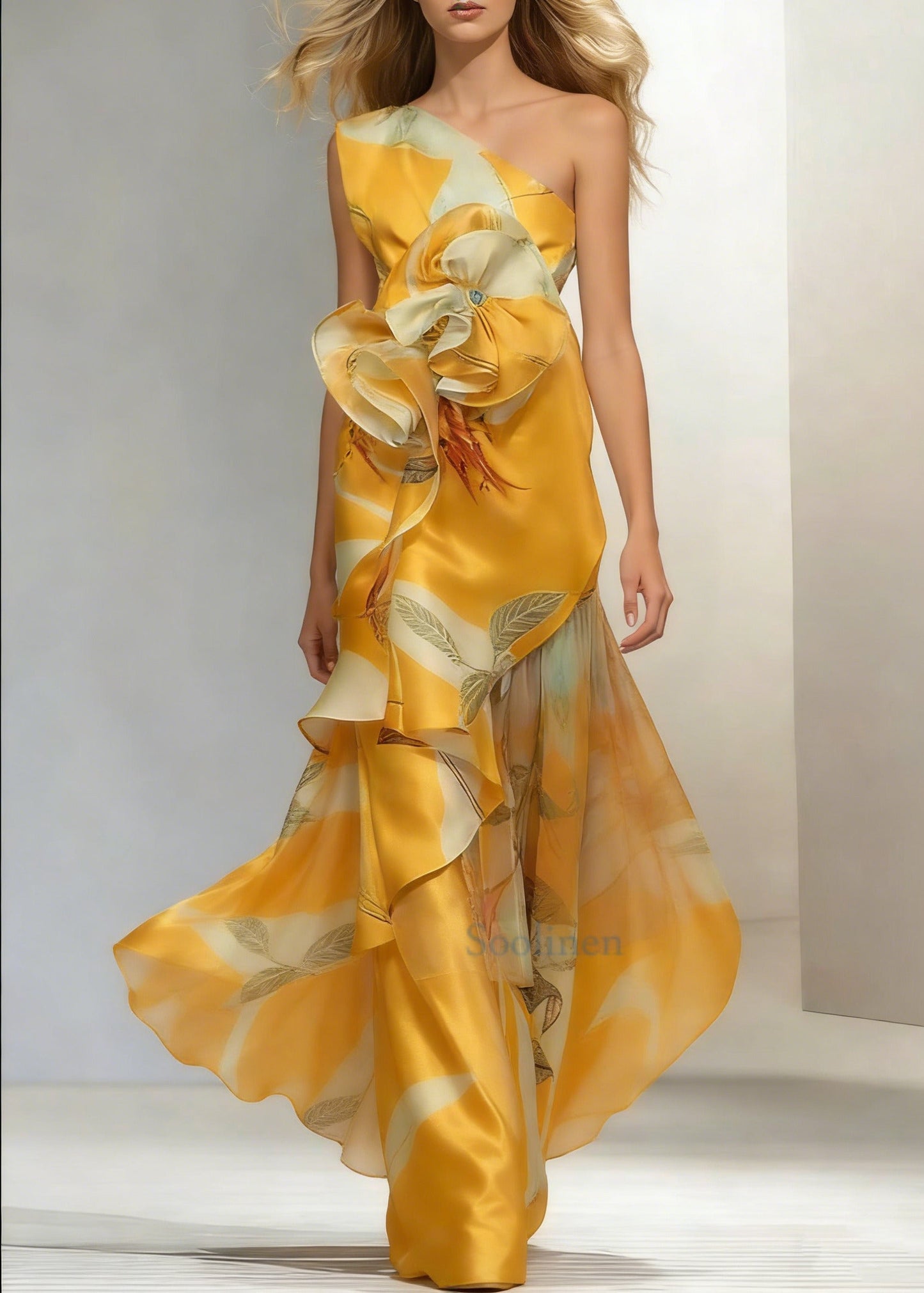 Elegant Floral Flounce Oblique Collar Evening Dresses
