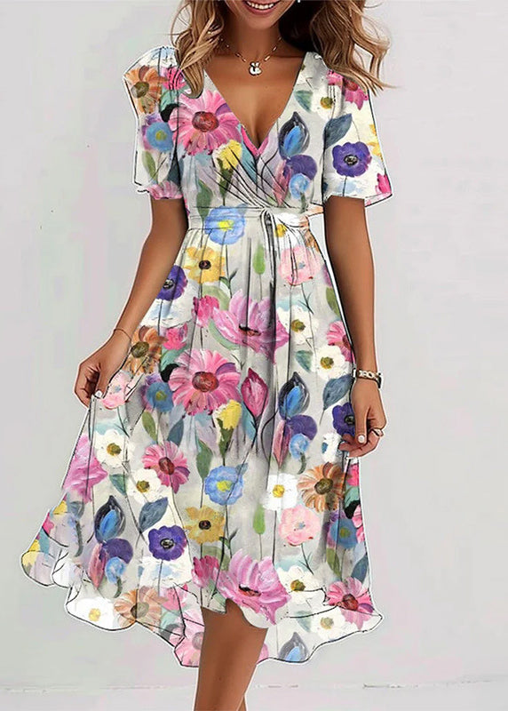 Elegant Green V Neck Print Chiffon Vacation Dresses Summer