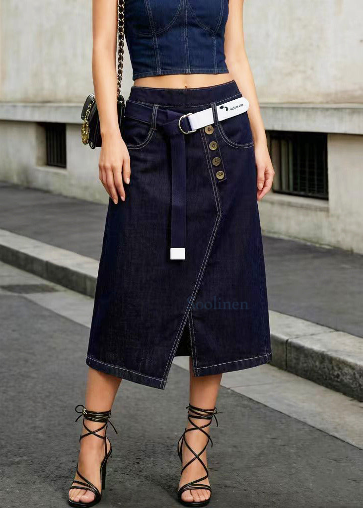Elegant Navy Asymmetrical Side Open Denim Skirt Summer